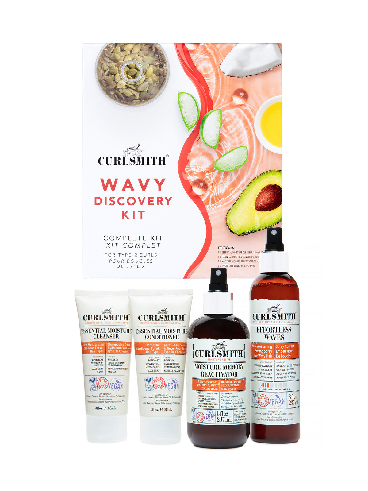 A product image featuring various wavy hair hair care items including bottles and tubes, arranged against an orange-themed background with graphics of fruits and leaves.