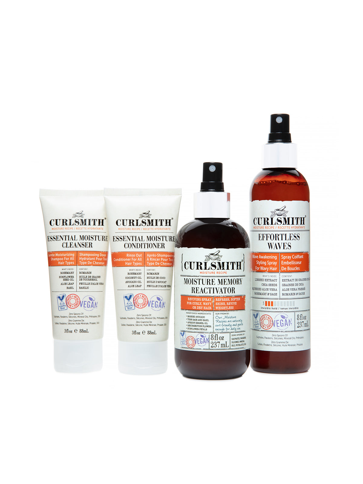 A product image featuring various wavy hair hair care items including bottles and tubes, arranged against an orange-themed background.