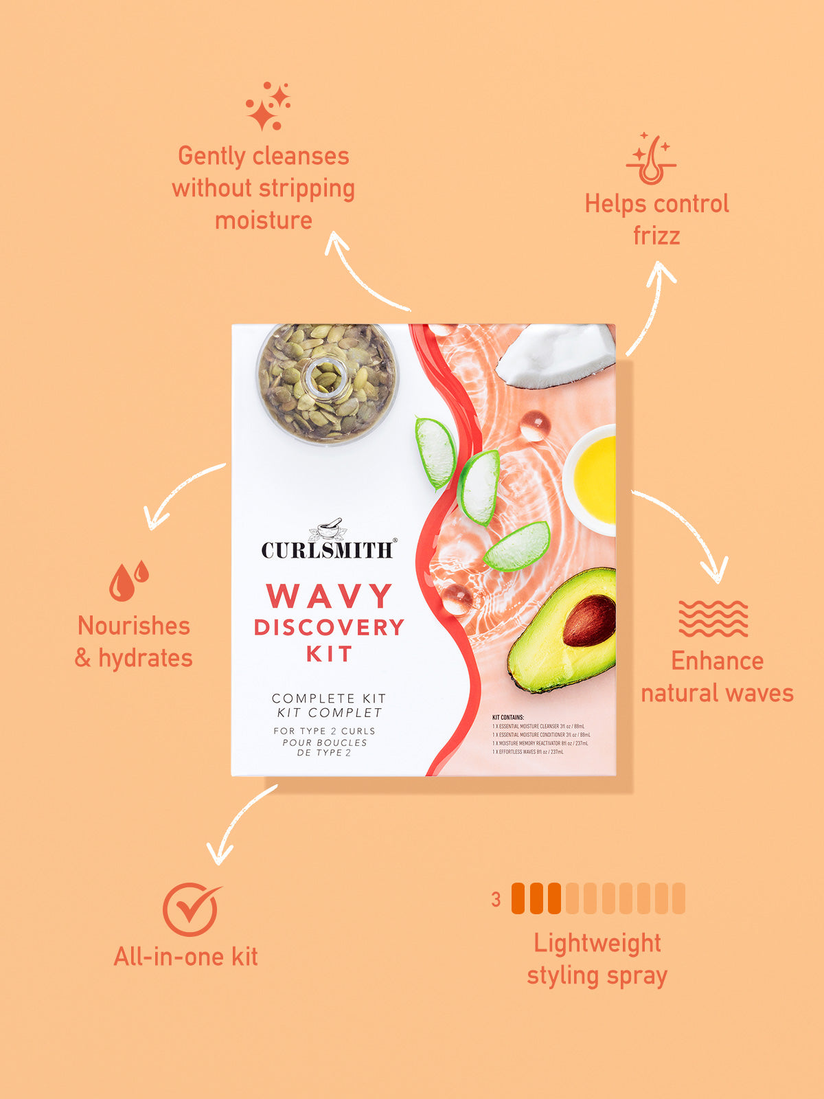 A product image featuring various wavy hair hair care items