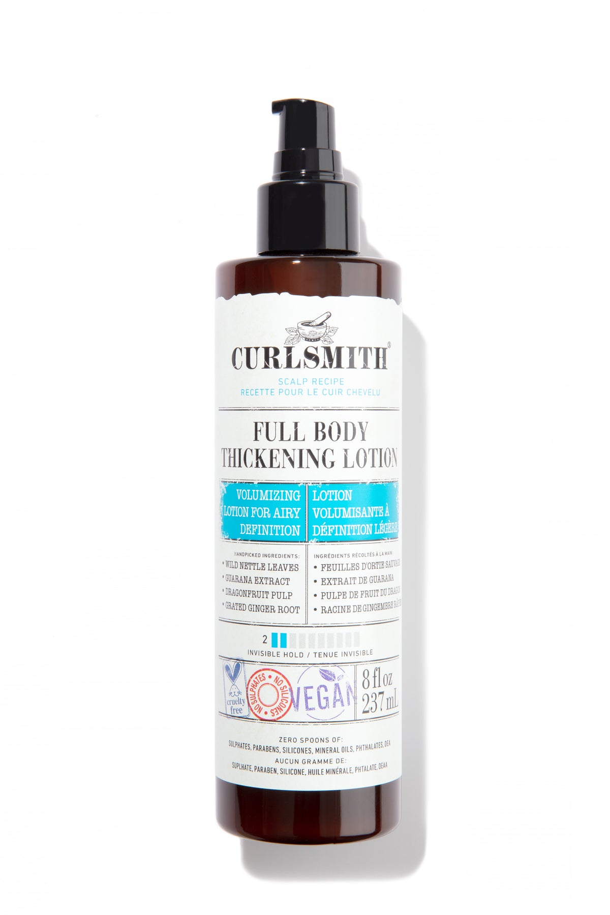 A bottle of Curlsmith Full Body Thickening Lotion with a white label and blue text, indicating it's for adding volume to hair.