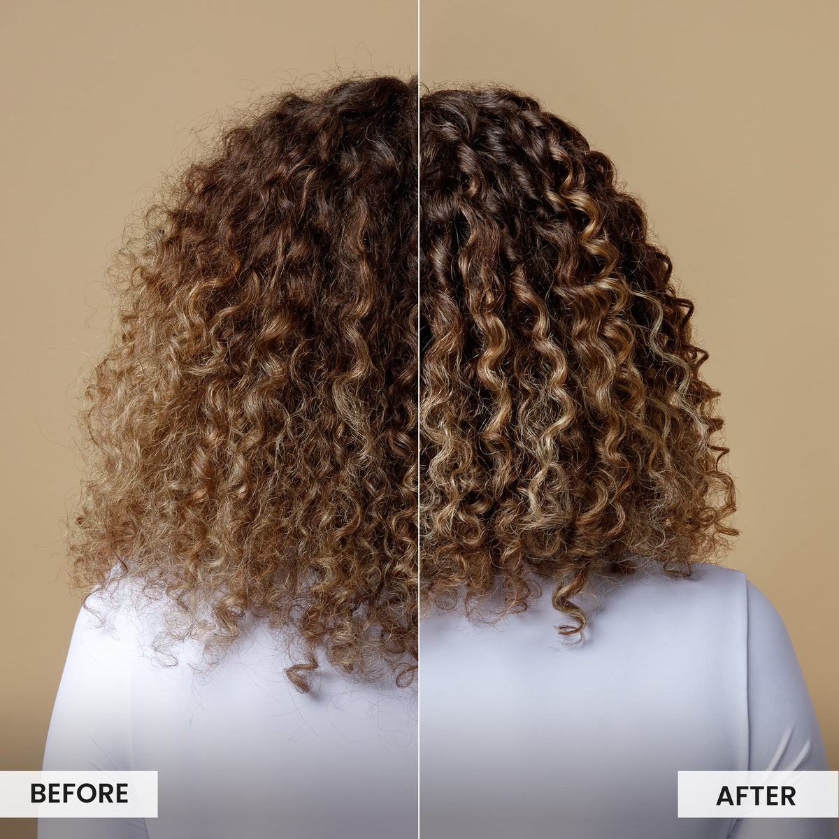 Before and after comparison of curly hair on a beige background
