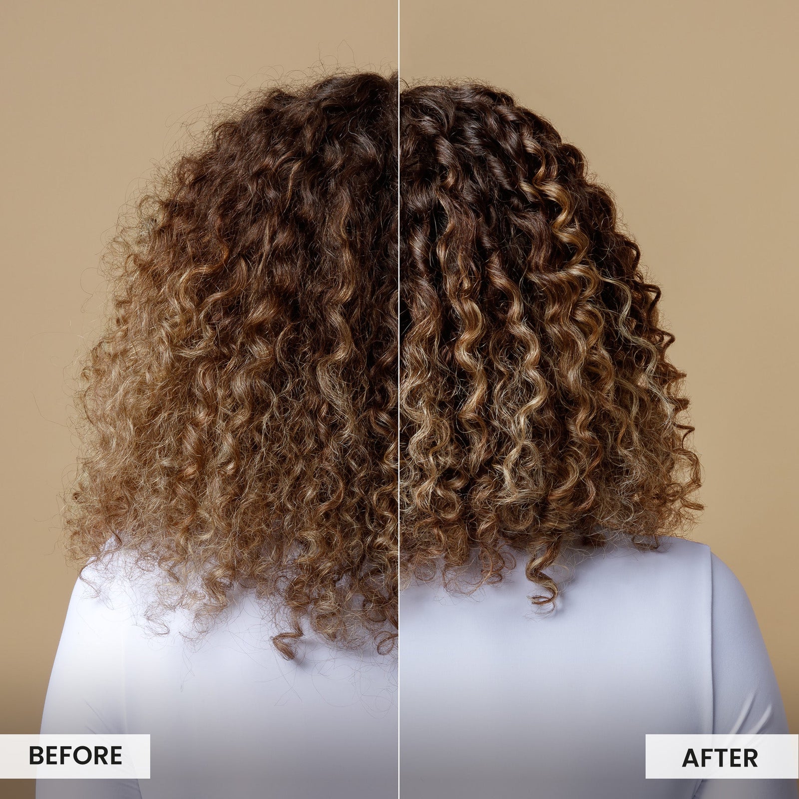 Before and after comparison of curly hair on a beige background, Click to enlarge