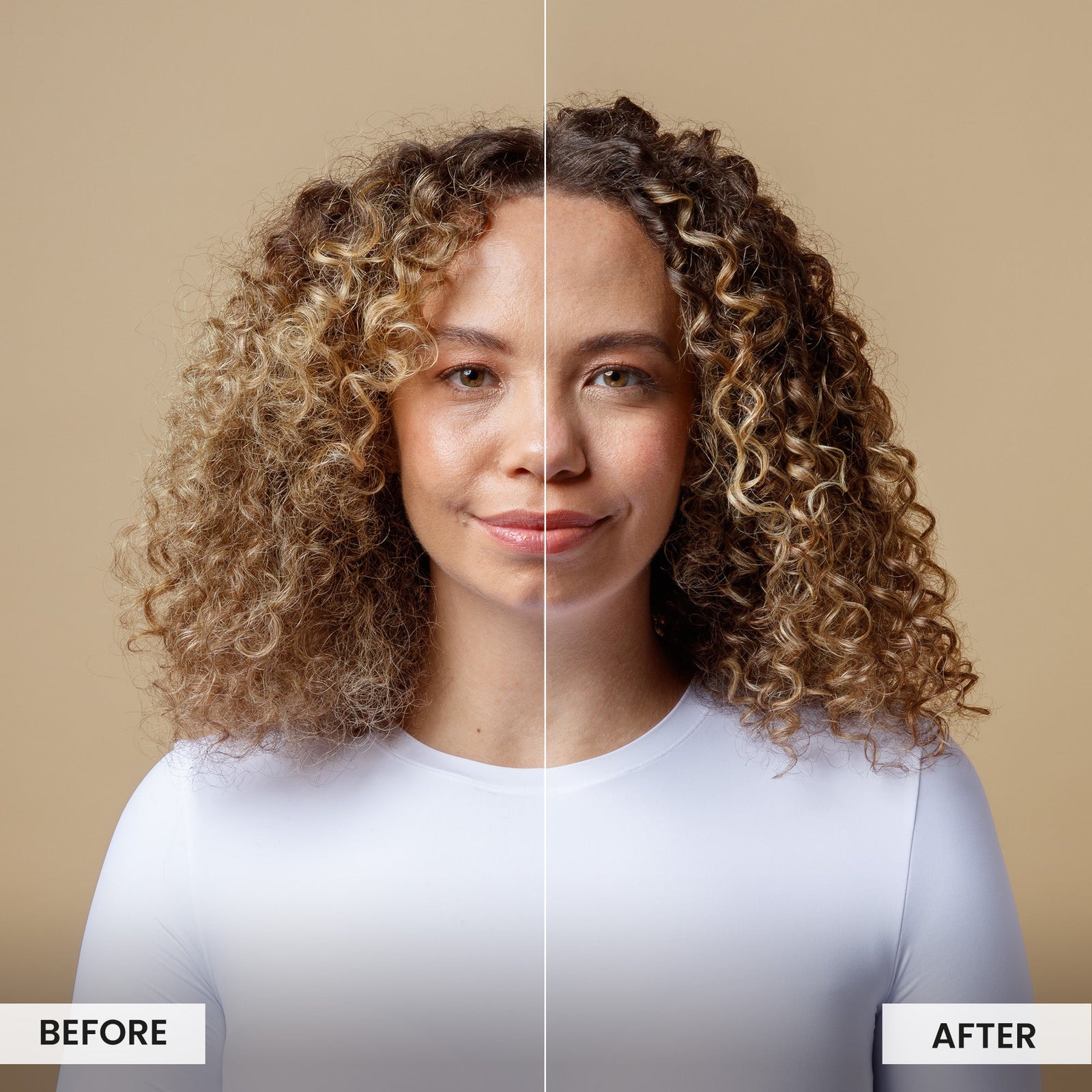 Before and after comparison of a woman with curly hair on a beige background, Click to enlarge