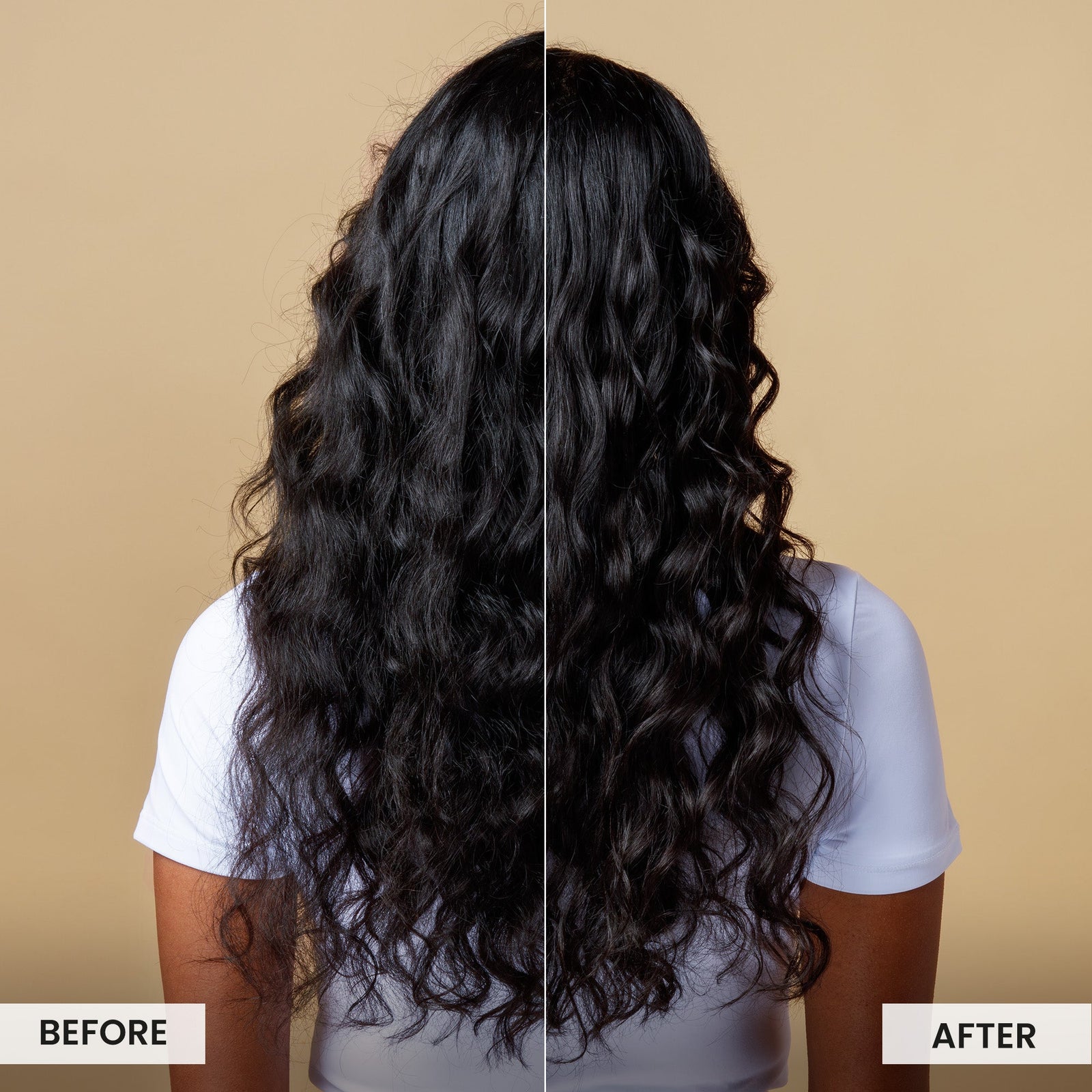 Before and after comparison of long, wavy hair on a person with a beige background., Click to enlarge