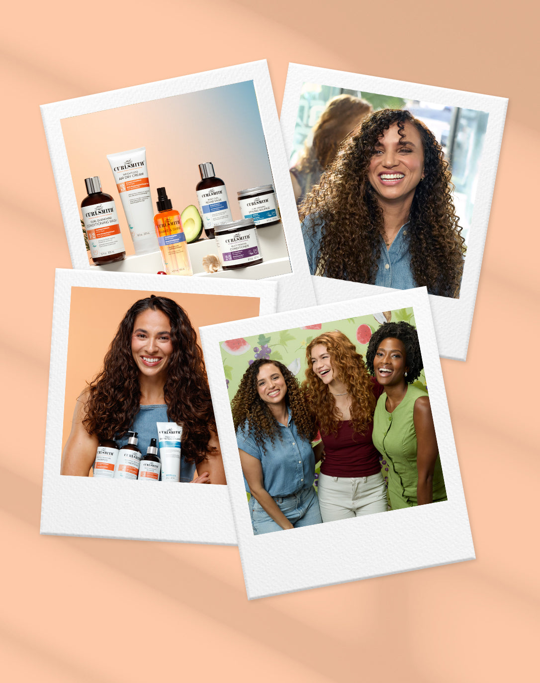 Collage of women with hair care products on a peach background