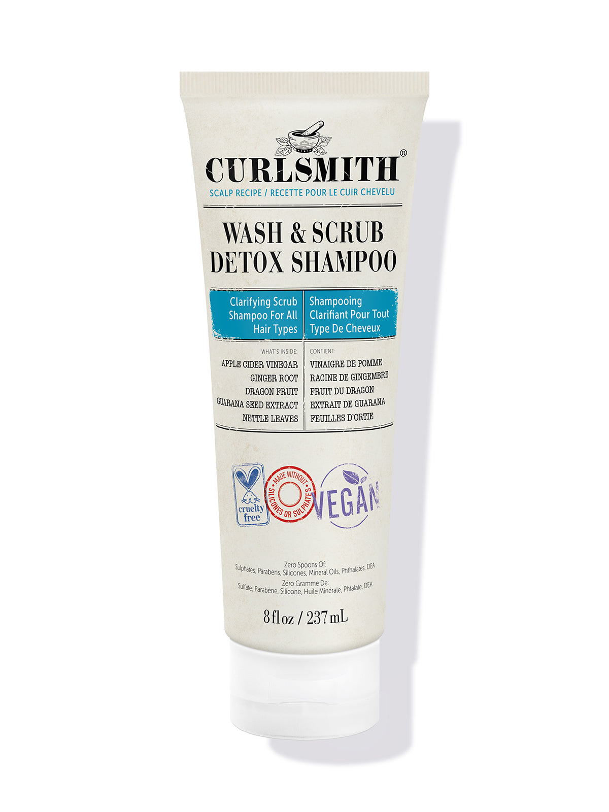 A tube of Curlsmith Wash & Scrub Detox Shampoo with blue and green label, predominantly white background.
