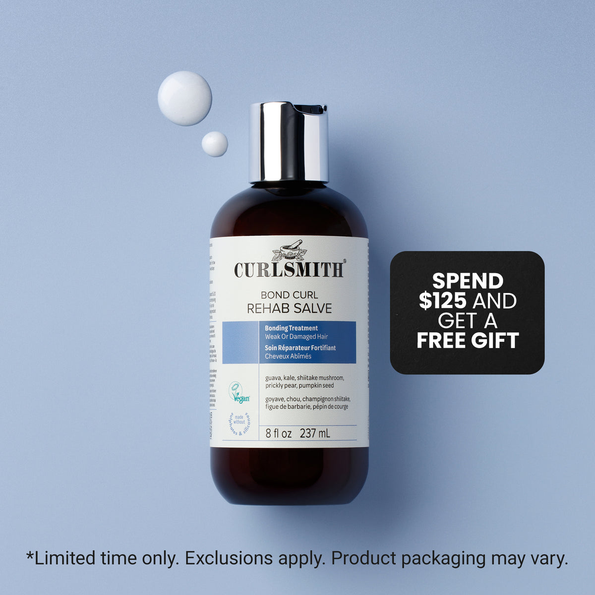 Curlsmith bond curl rehab salve bottle on a light blue background with promotional text.