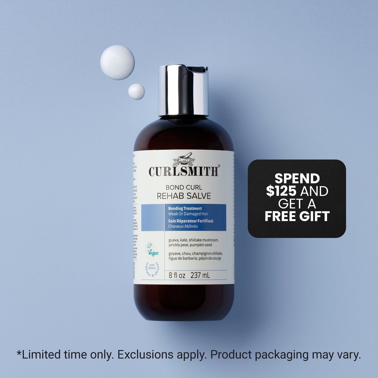 Curlsmith bond curl rehab salve bottle on a light blue background with promotional text.