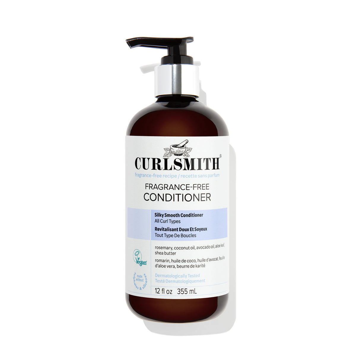 Curlsmith fragrance-free conditioner bottle on a white background, Click to enlarge