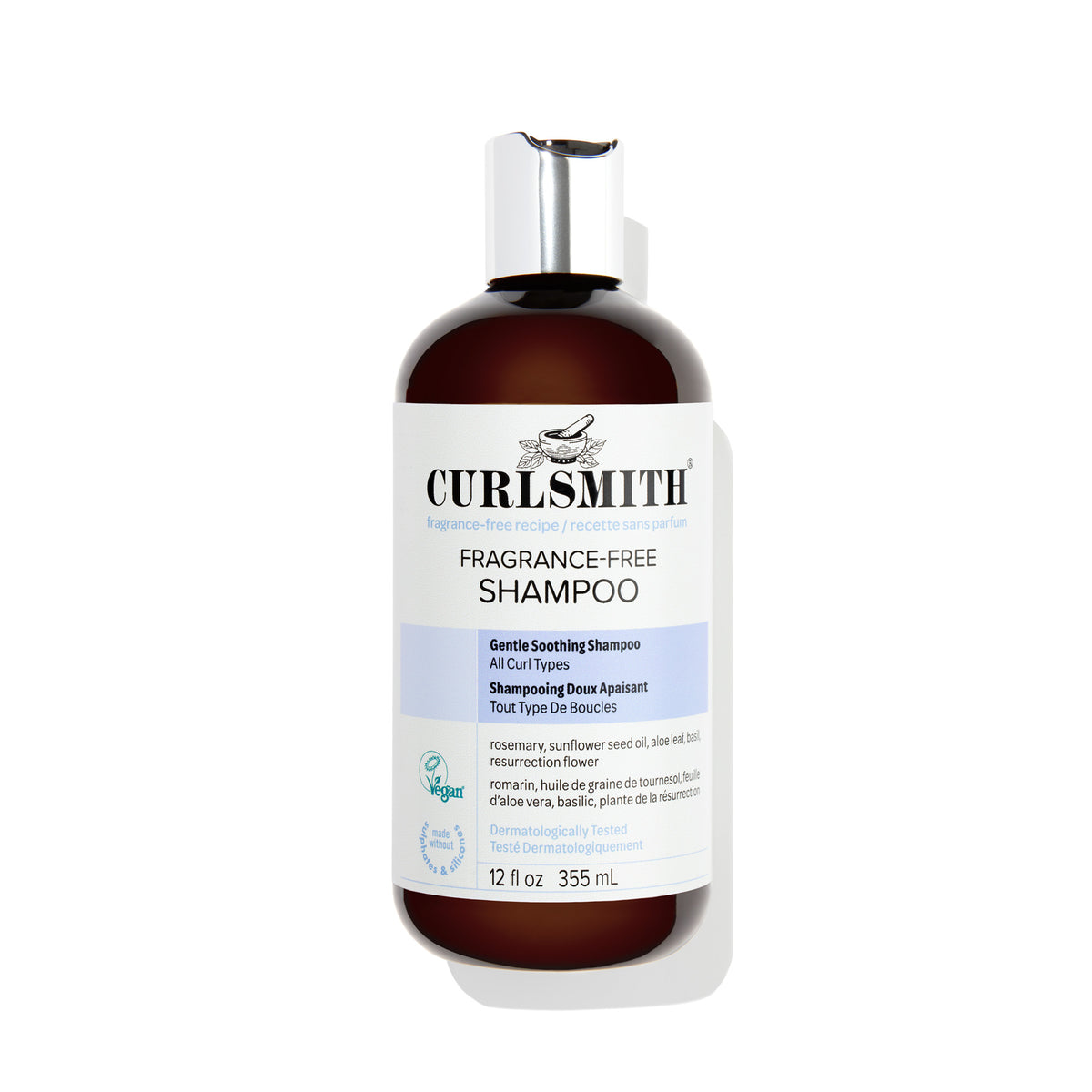 Bottle of Curlsmith fragrance-free shampoo on a white background, Click to enlarge