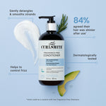 Curlsmith Fragrance-Free Conditioner bottle with text on a light blue background