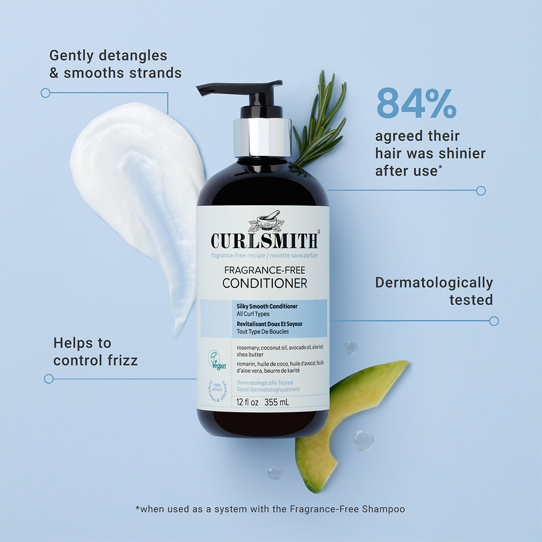 Curlsmith Fragrance-Free Conditioner bottle with text on a light blue background