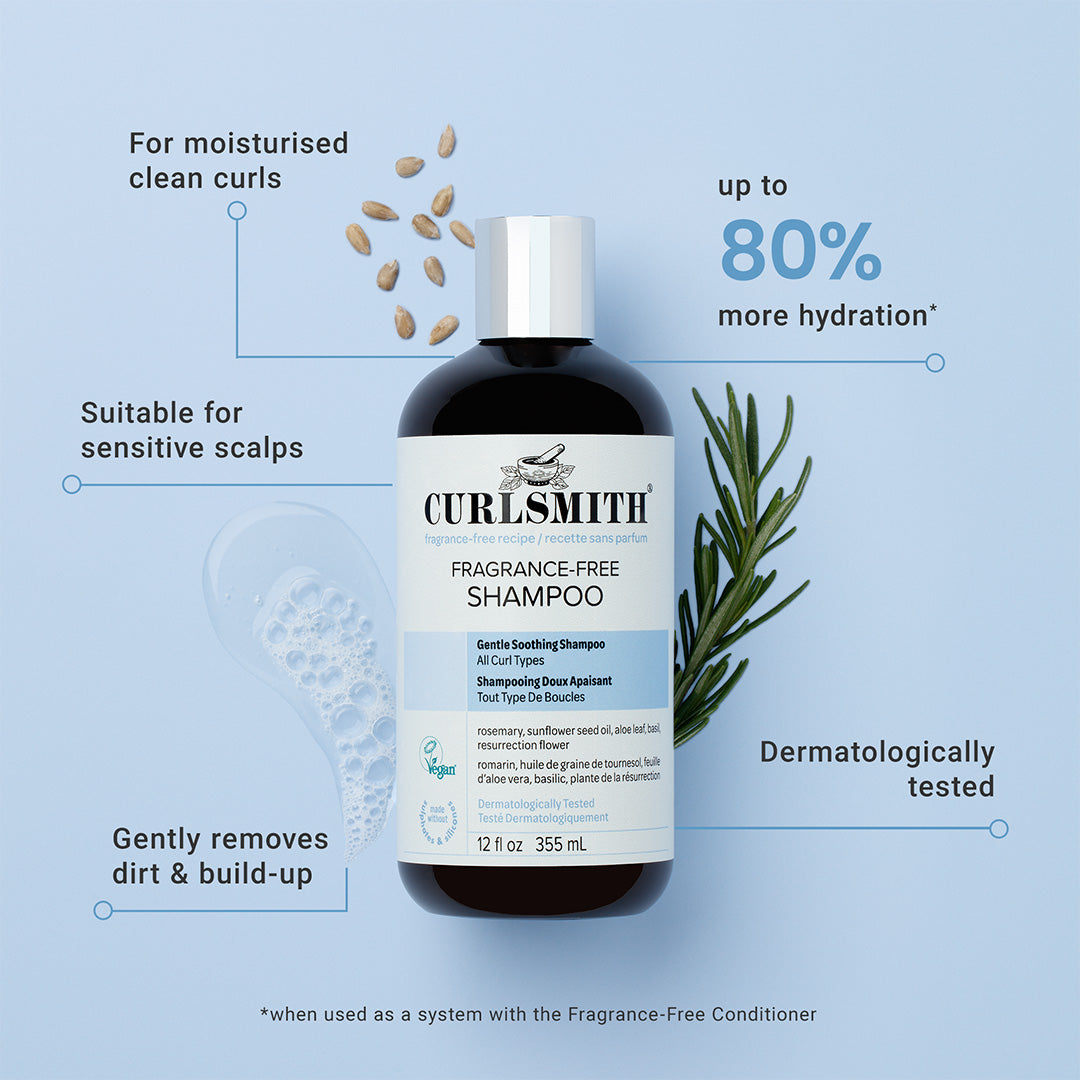 Curlsmith fragrance-free shampoo bottle with product features on a light blue background