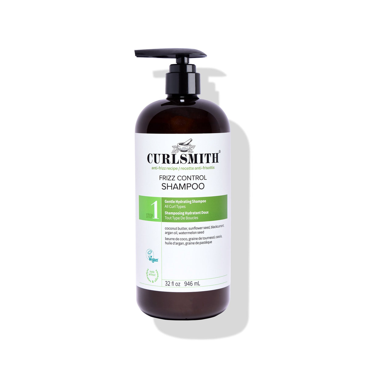 Curlsmith frizz control shampoo bottle on a white background