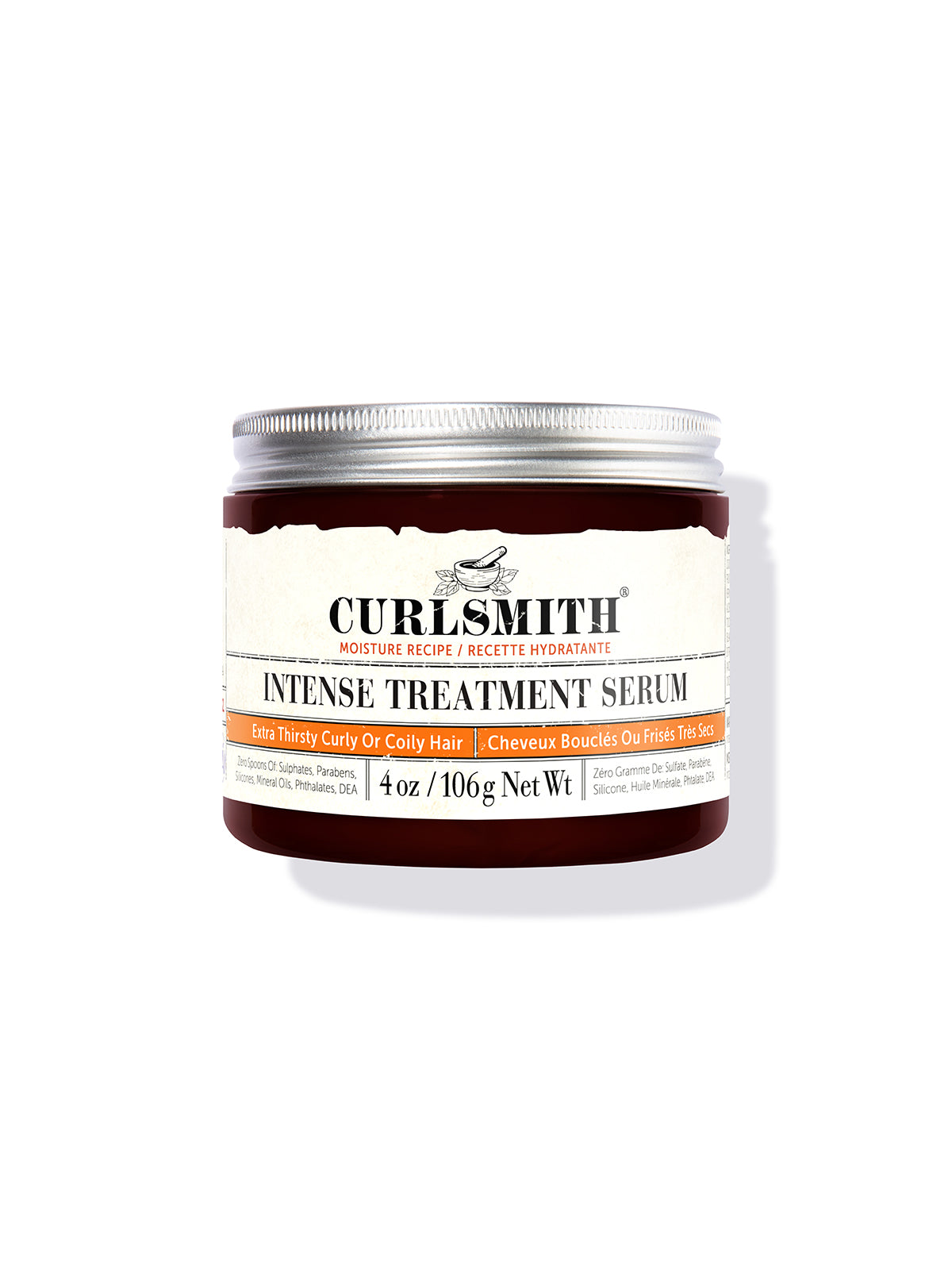 A jar of Curlsmith Intense Treatment Serum, with a white label and orange product visible inside the jar.