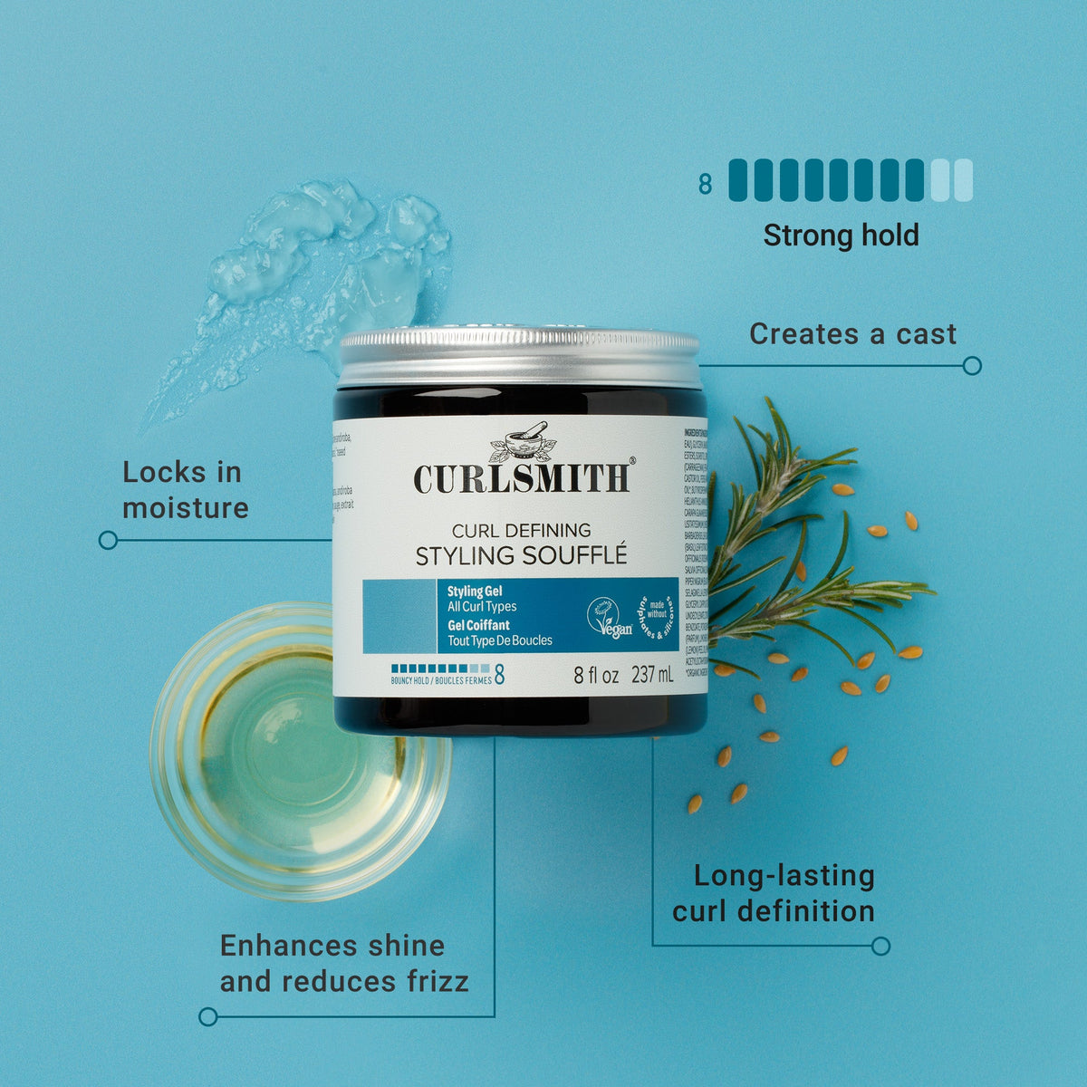 Curlsmith Curl Defining Styling Souffle jar with product features on a blue background