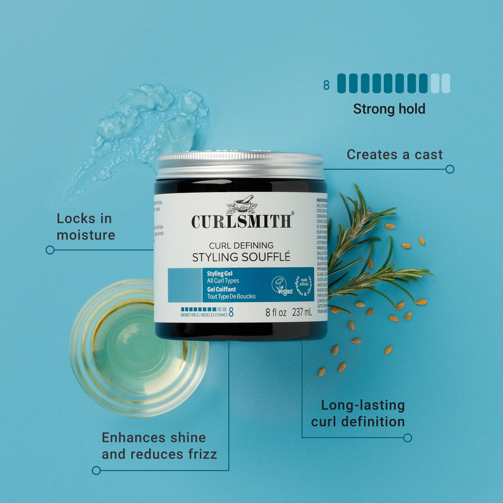 Curlsmith Curl Defining Styling Souffle jar with product features on a blue background