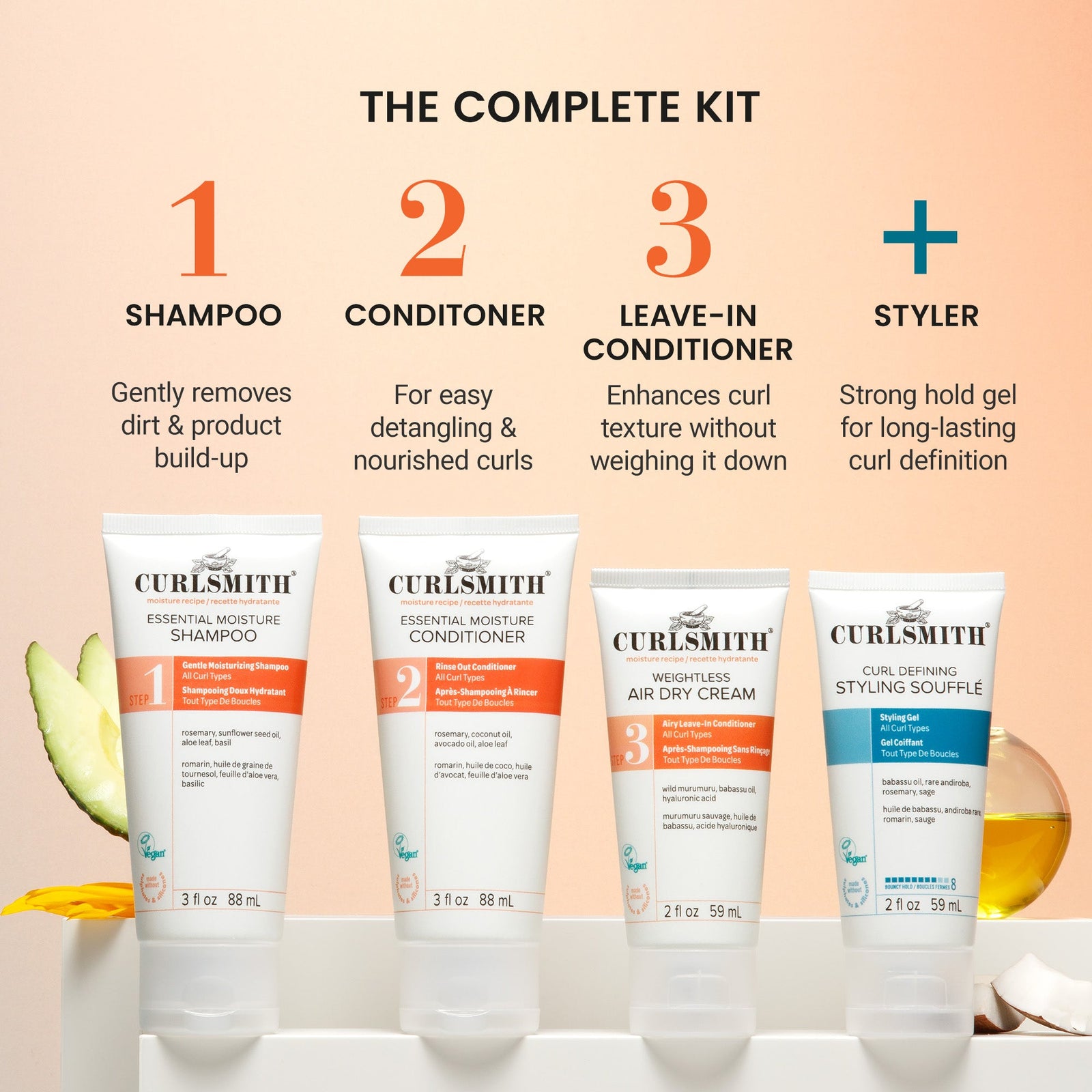 Curlsmith hair care product set with a 4 product hair routine on a peach background