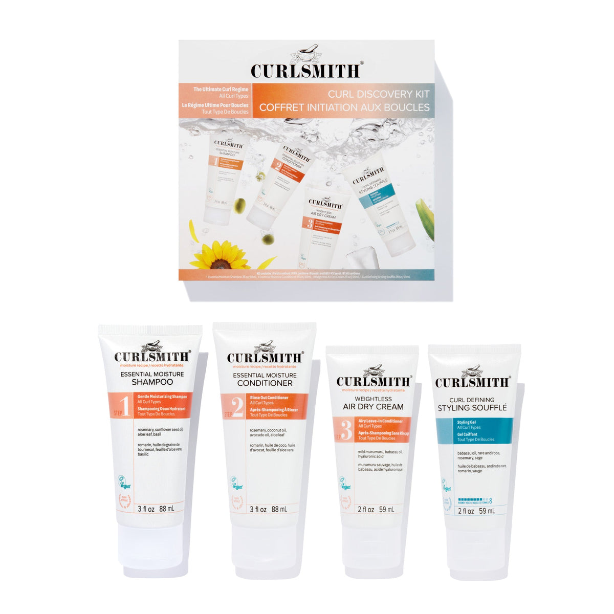 Curlsmith hair care product set including shampoo, conditioner, and other items on a white background