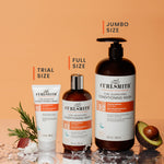 Curlsmith Moisture hair care products with size labels on an orange background