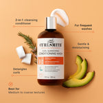 Curlsmith Curl Quenching Conditioning Wash bottle with product features on an orange background