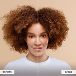 Before and after comparison of a woman with coily hair on a beige background