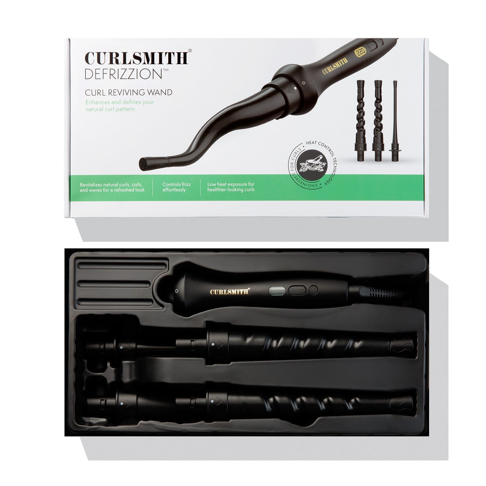 Curlsmith Defrizzion curl reviving wand with packaging on a white background, Click to enlarge