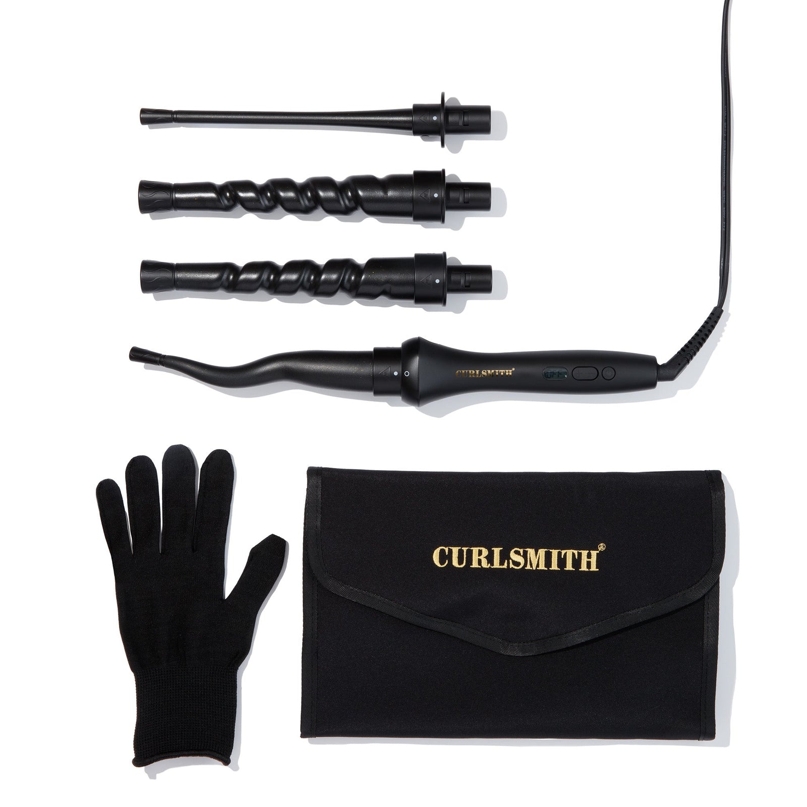 Curling wand set with attachments, gloves, and carrying case on a white background, Click to enlarge