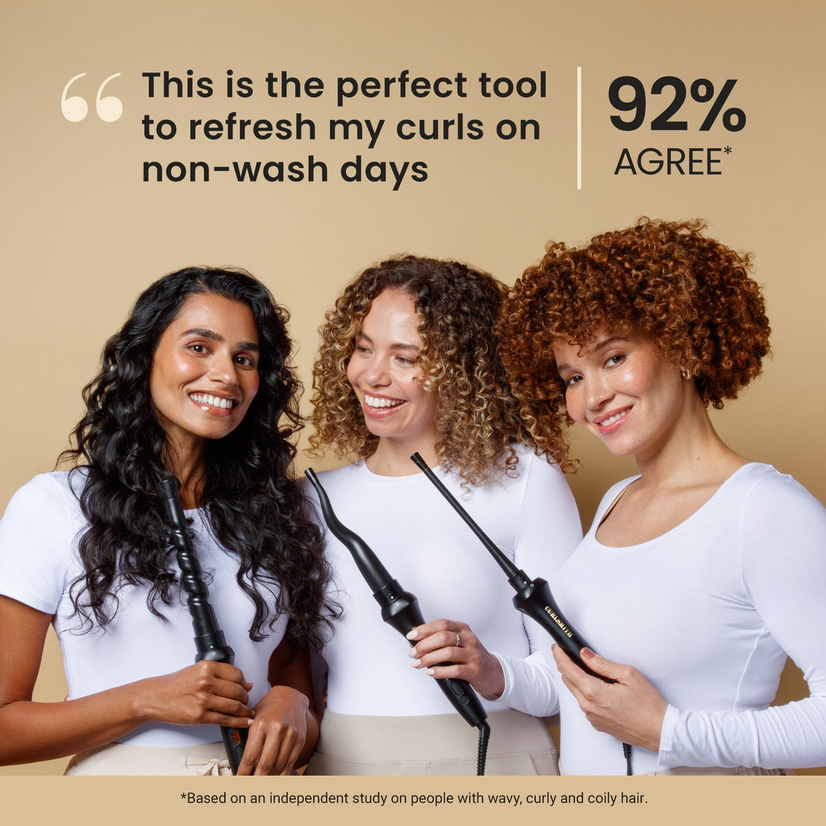 Three women with curly hair wand styling tools against a beige background, with text indicating tool popularity.