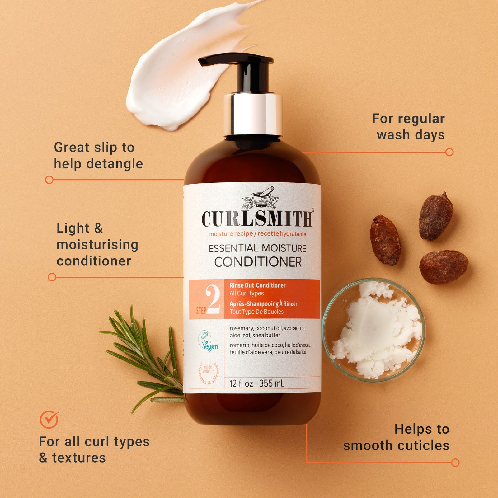 Curlsmith essential moisture conditioner bottle with ingredients on a beige background