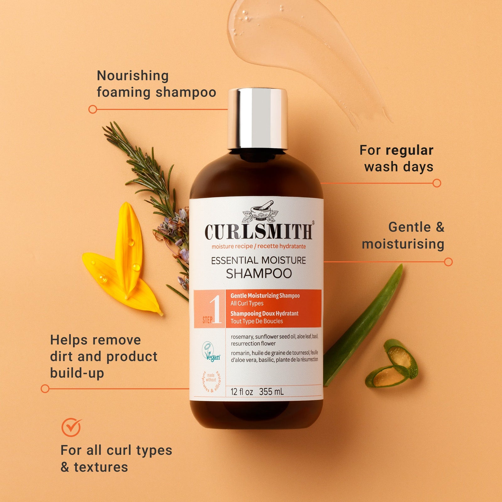 Curlsmith essential moisture shampoo bottle with product features on a beige background