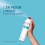 Hand holding a can of Flawless Finish hairspray with text about 24-hour hold on a blue background