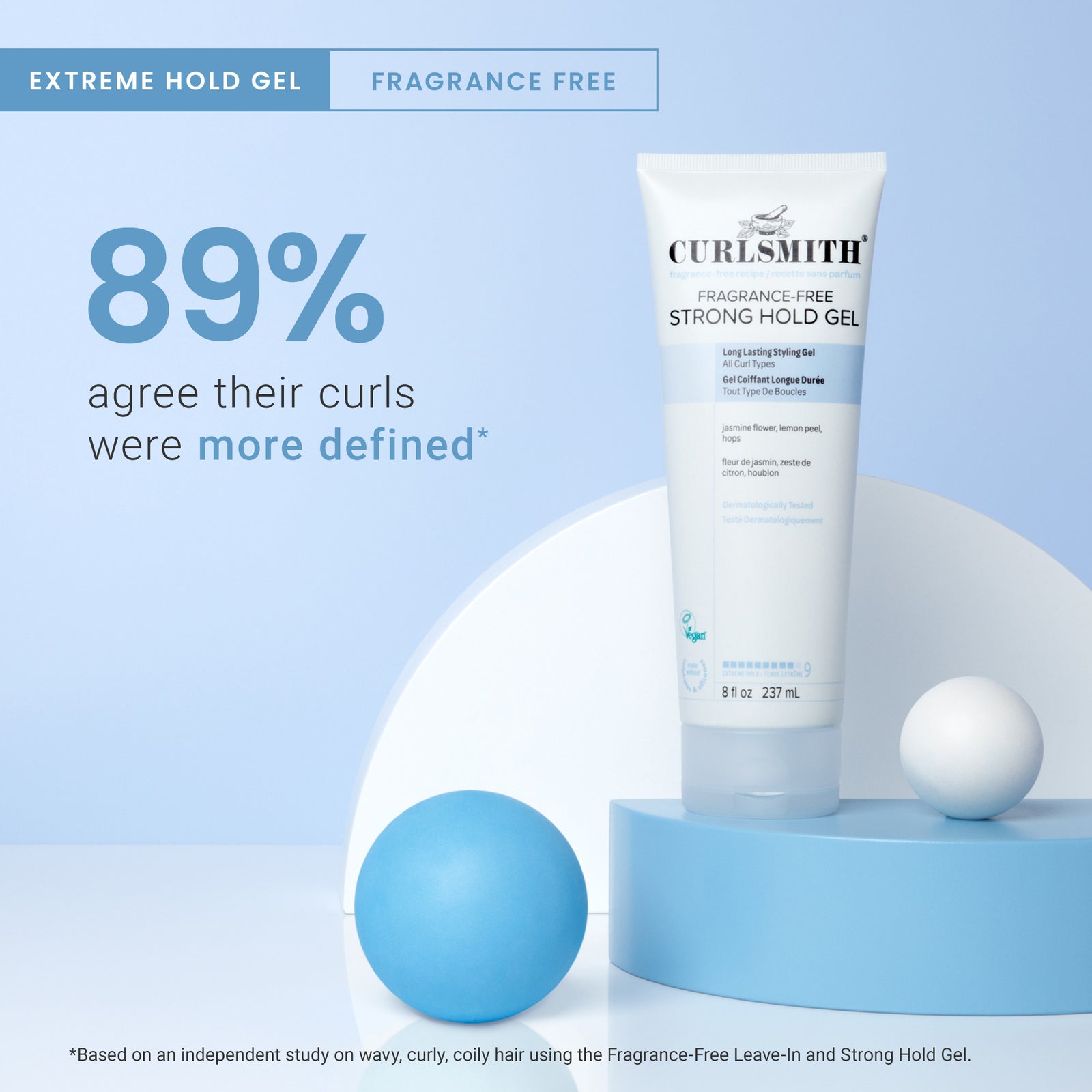 Curlsmith Fragrance-Free Strong hold gel tube on a blue background with text about product effectiveness