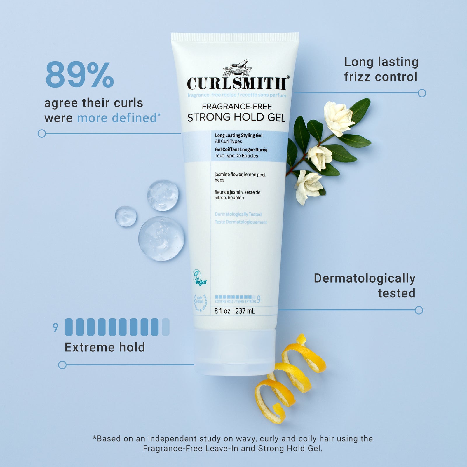 Curlsmith hair gel with floral elements and text describing hold level on a light blue background
