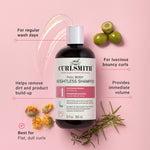 Curlsmith full body weightless shampoo bottle with product features on a pink background