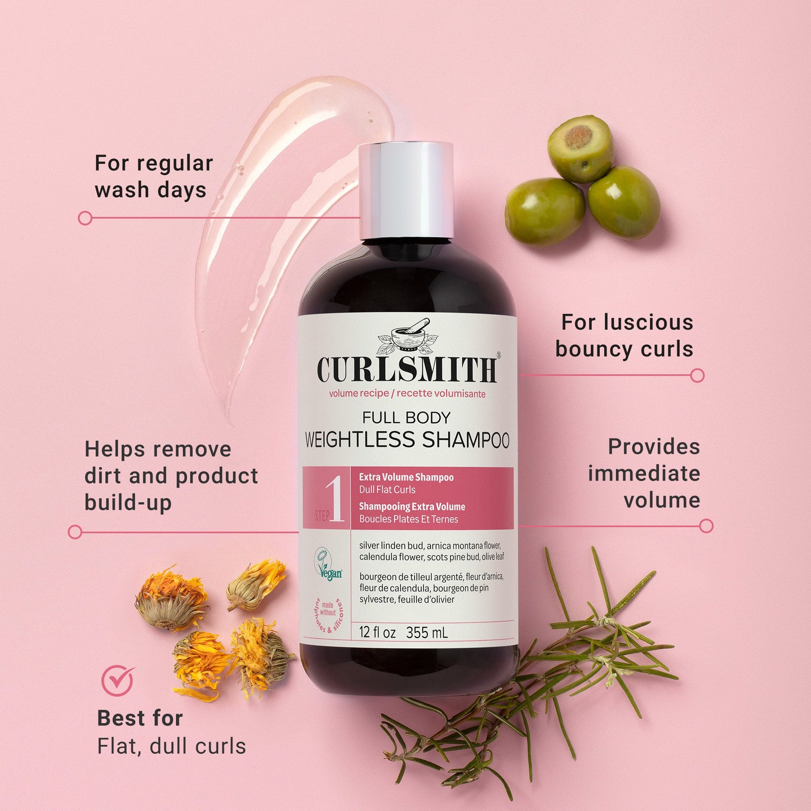 Curlsmith full body weightless shampoo bottle with product features on a pink background