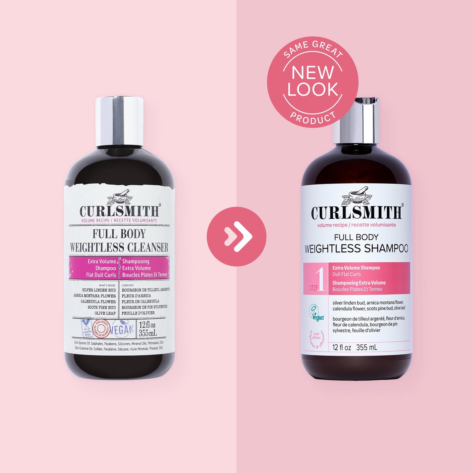Two bottles of Curlsmith Full Body Weightless Cleanser and Shampoo on a pink background with a 'Same Great Product, New Look' label.