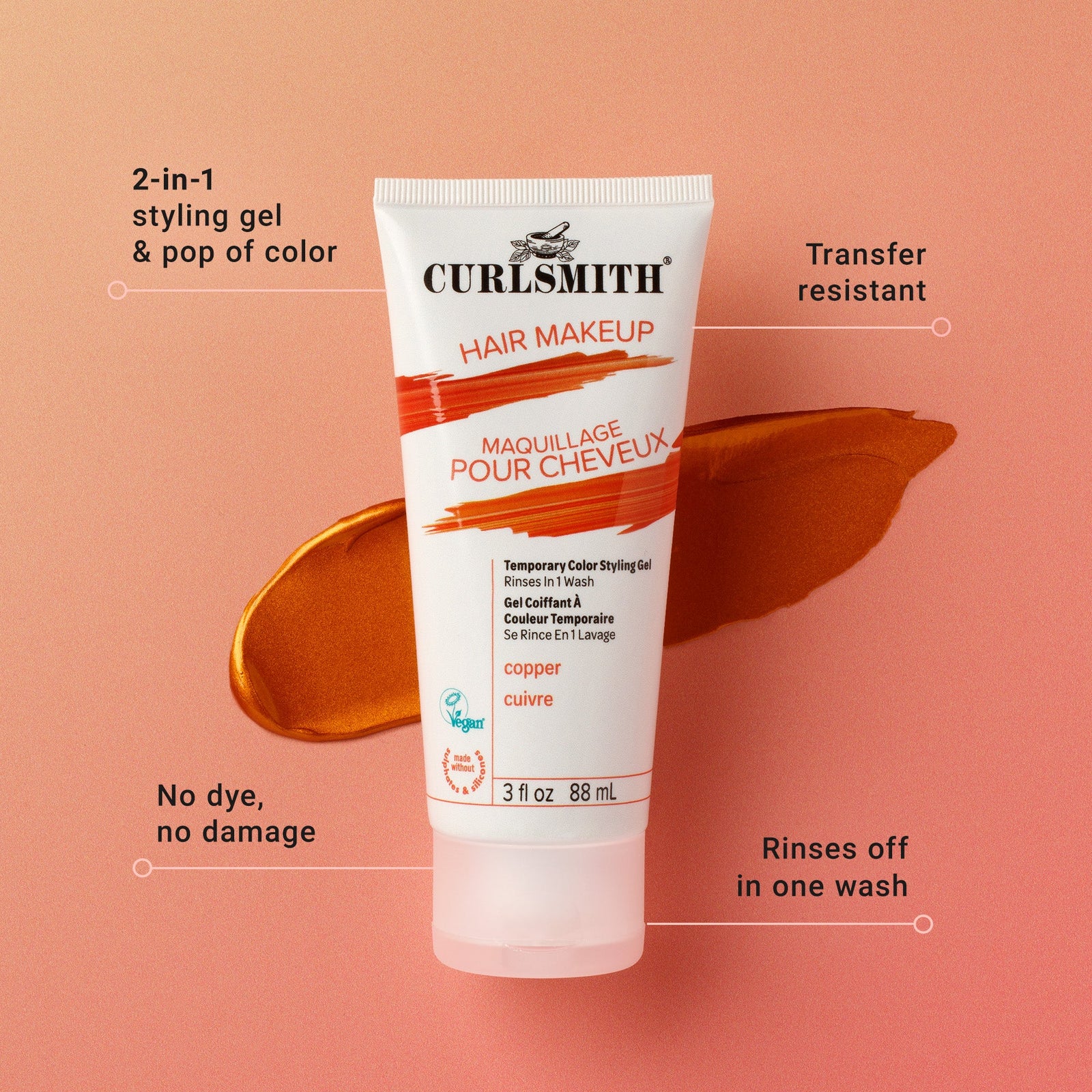 Curlsmith copper hair makeup tube on a peach background with product features highlighted.