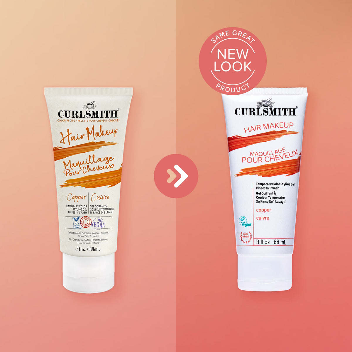 Two bottles of Curlsmith Hair Makeup on a peach background with a 'Same Great Product, New Look' label.