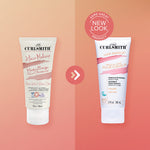 Two bottles of Curlsmith Hair Makeup on a peach background with a 'Same Great Product, New Look' label.