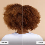 Before and after comparison of a person with curly hair on a beige background