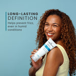 Woman holding a in-shower fixer product with text about long-lasting definition on a blue background
