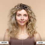Before and after comparison of a woman with blonde hair on a beige background