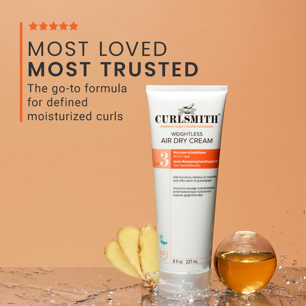 Curlsmith weightless air dry cream tube on a peach background with text 'Most Loved, Most Trusted'.