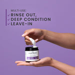 Person using a jar of Curlsmith Multi-tasking conditioner with text on a purple background