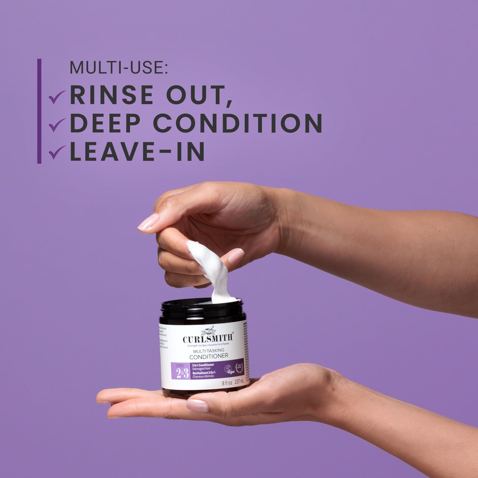 Person using a jar of Curlsmith Multi-tasking conditioner with text on a purple background