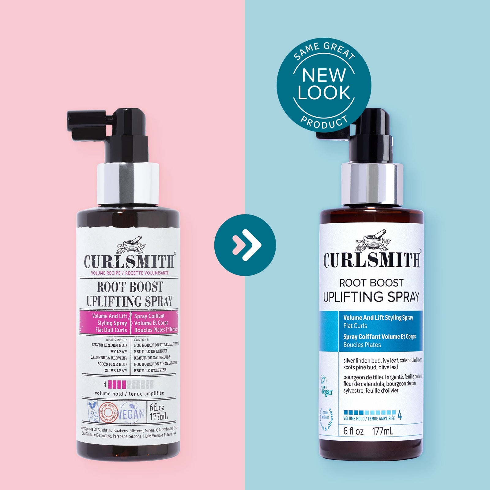 Two bottles of Curlsmith Root Boost Uplifting Spray on a pink and blue background with a 'Same Great Product, New Look' badge.