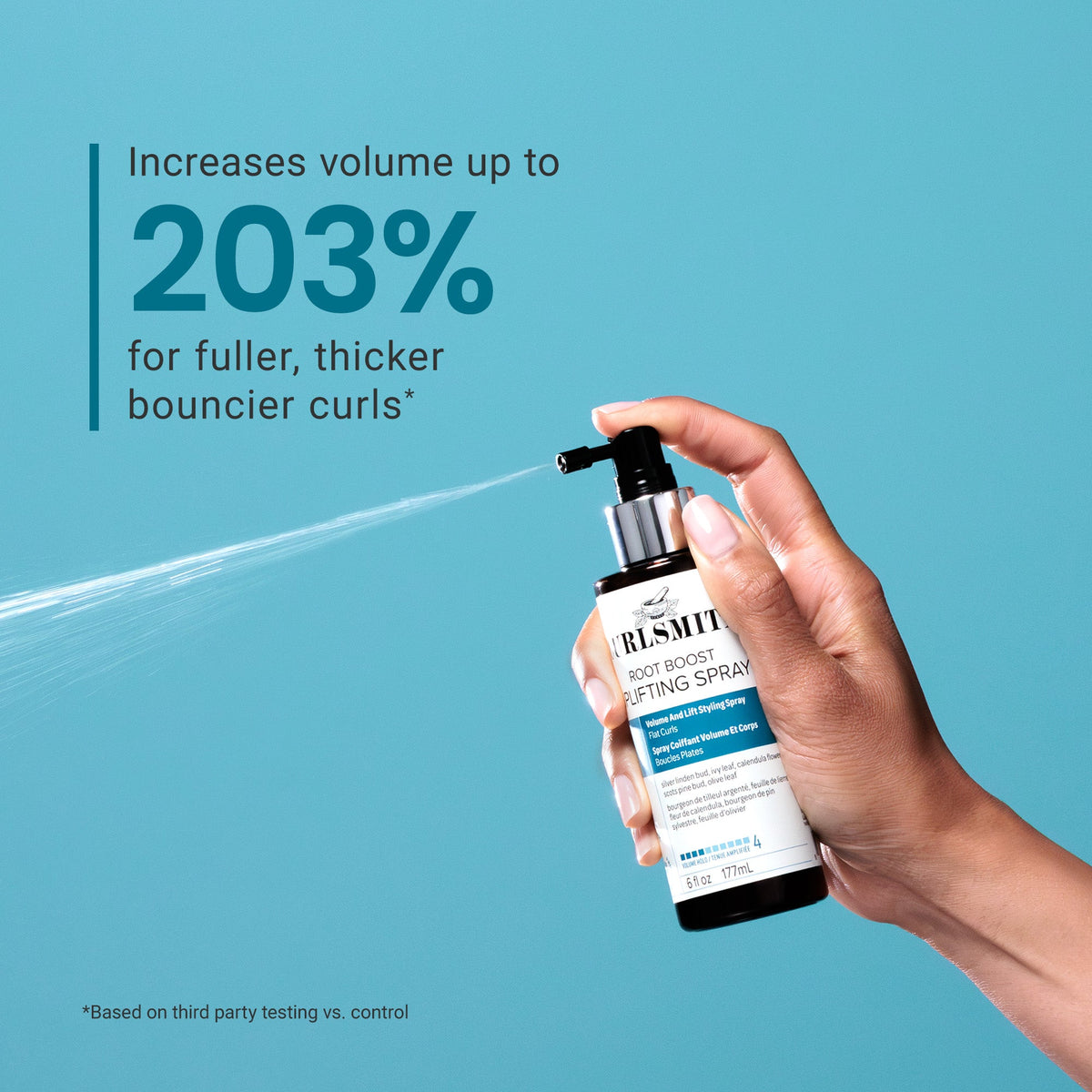 Hand holding a bottle of Curlsmith Root Boost Uplifting Spray with text on a blue background