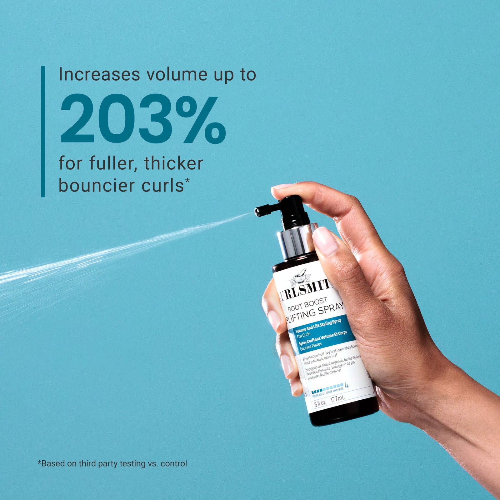 Hand holding a bottle of Curlsmith Root Boost Uplifting Spray with text on a blue background