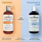 Two bottles of Curlsmith hair care products on a split background, one labeled 'Original' and the other 'Fragrance Free'.